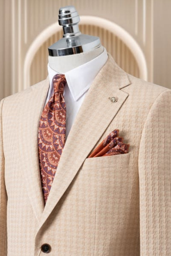 Stylish Beige Plaid Notch Lapel Business Suits For Men