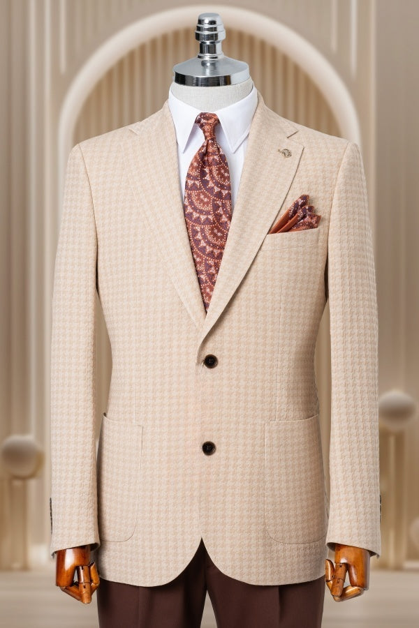 Stylish Beige Plaid Notch Lapel Business Suits For Men