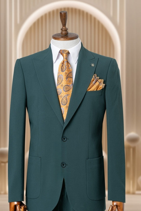 Close Fitting Teal Peaked Lapel Chic Business Suits For Men