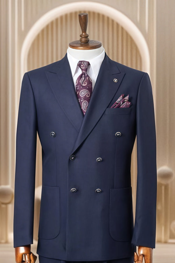 Fancy Dark Navy Double Breasted Close Fitting Business Suits