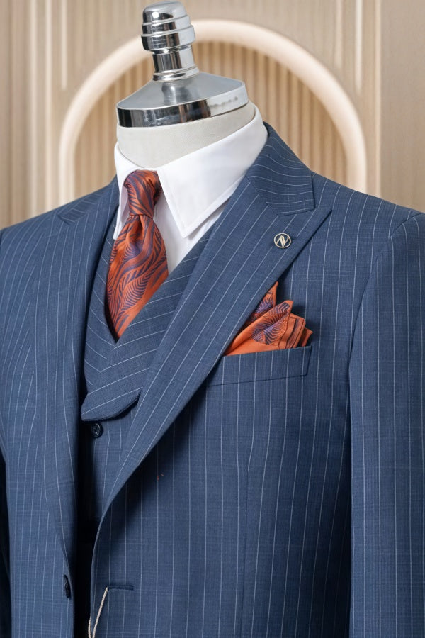 Glamorous Navy Blue Pinstriped 3 Pieces Business Suits For Men