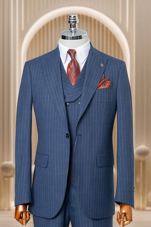 Glamorous Navy Blue Pinstriped 3 Pieces Business Suits For Men