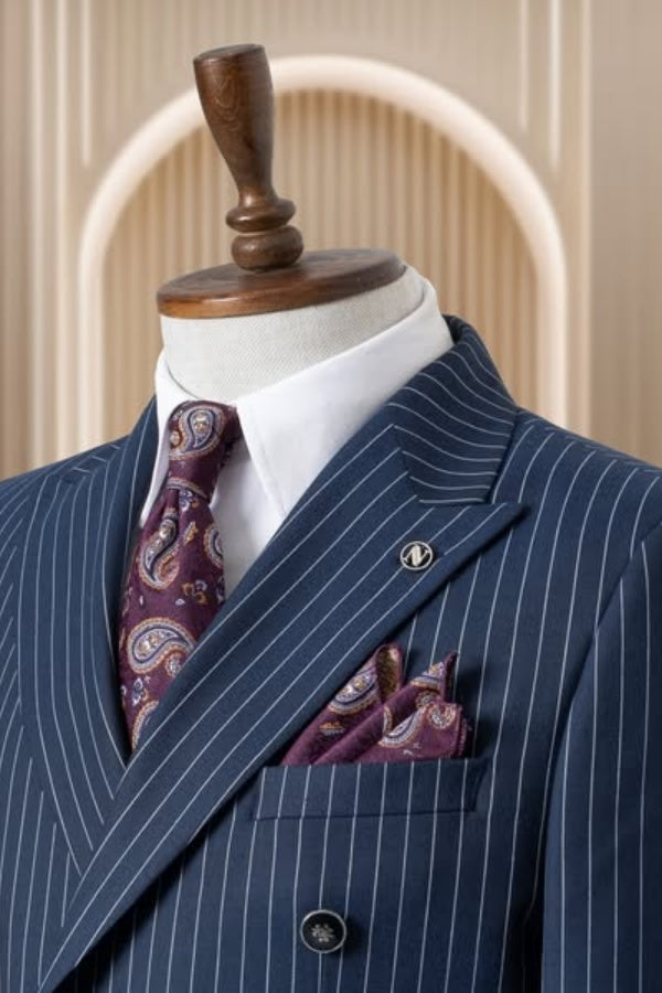 Trendy Navy Blue Striped Double Breasted Business Suits