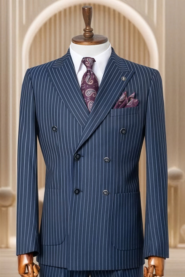 Trendy Navy Blue Striped Double Breasted Business Suits