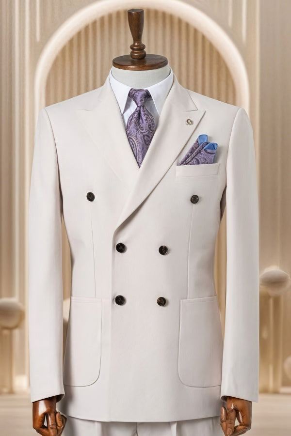 Chic Off-white Double Breasted Peaked Lapel Business Suits