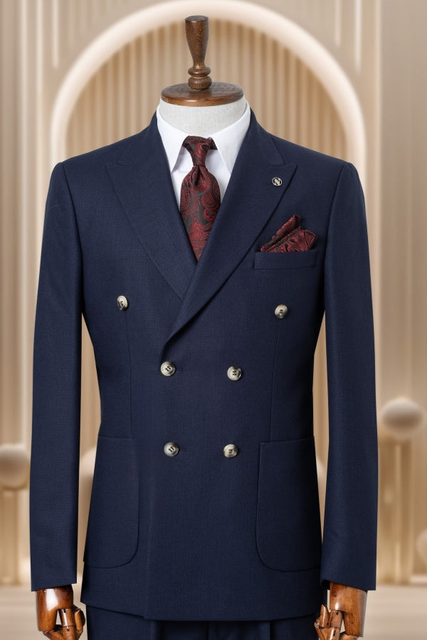 Modern Dark Navy Double Breasted Slim Fit Business Suits