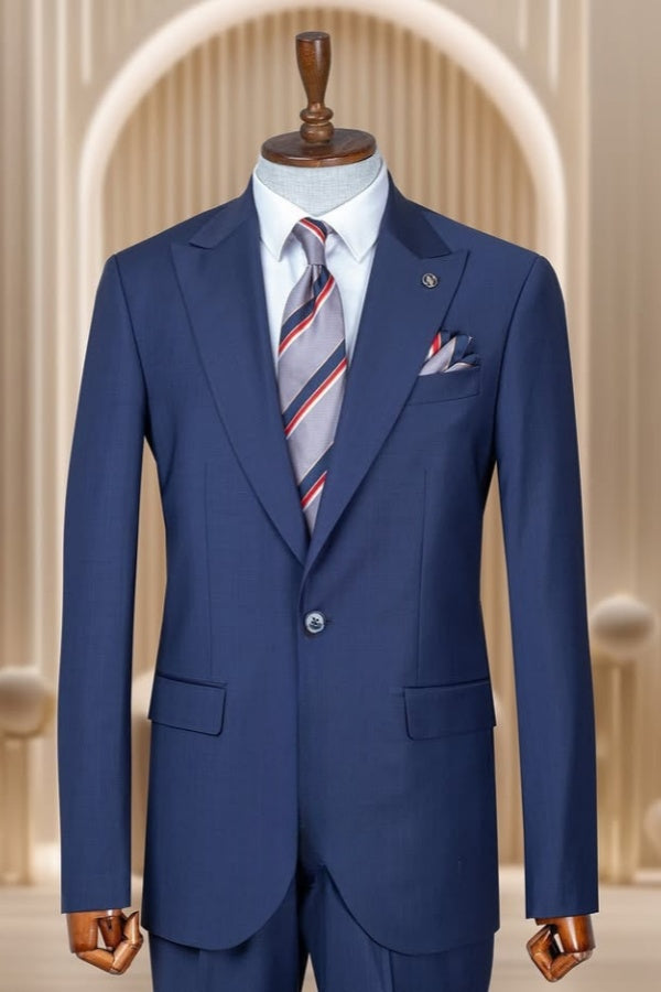 Stylish Navy Blue Peaked Lapel Close Fitting Business Suits For Men