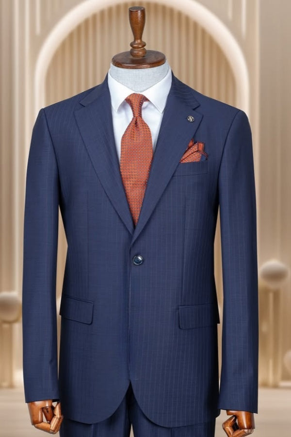 Navy Blue Notch Lapel Pinstriped Big And Tall Business Suits