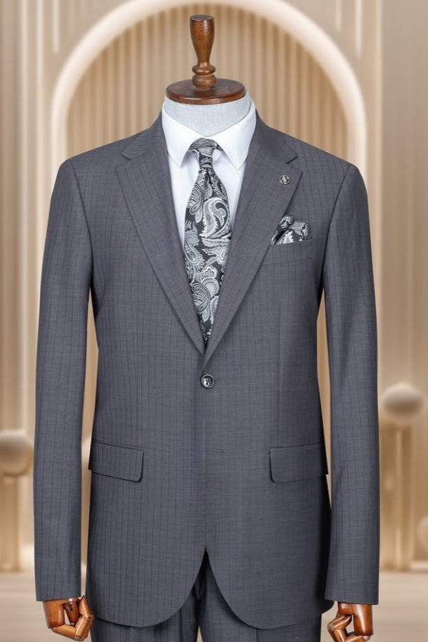 Modern Dark Gray Notch Lapel Pinstriped Business Suits