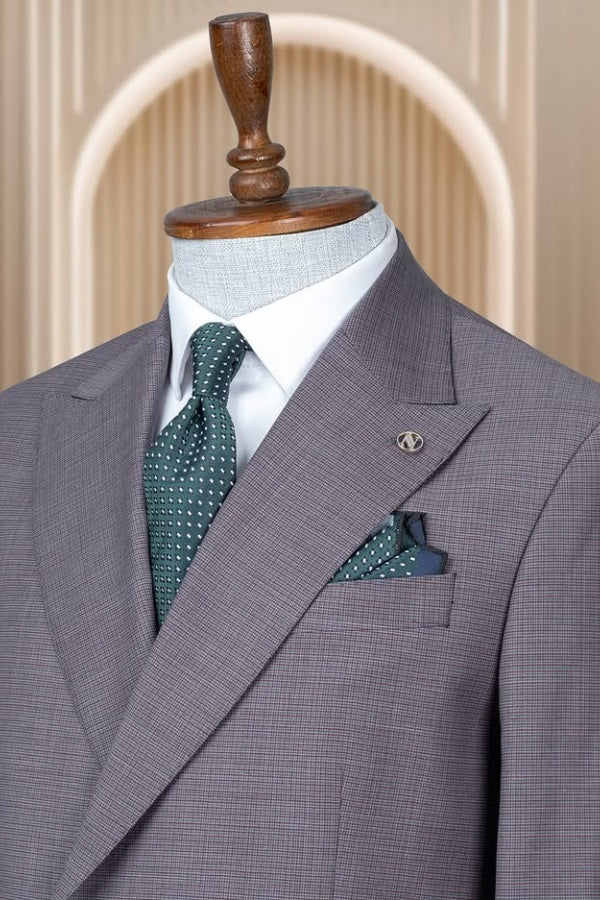 Stylish Light Gray Plaid Double Breasted Slim Fit Business Suits
