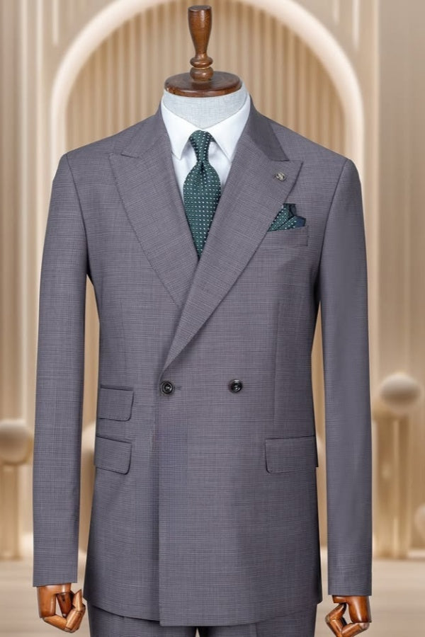 Stylish Light Gray Plaid Double Breasted Slim Fit Business Suits