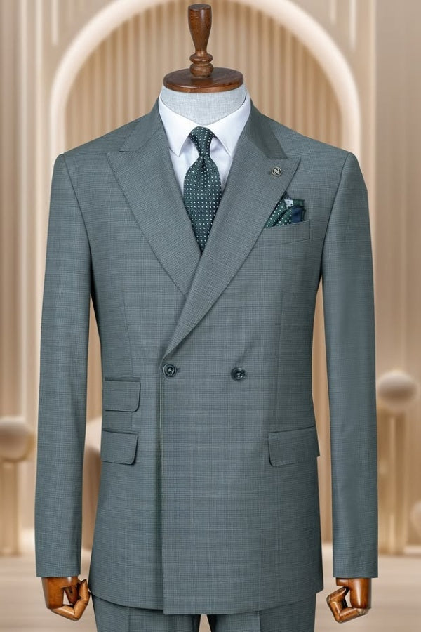 Light Gray-green Double Breasted Plaid Best Fitted Business Suits