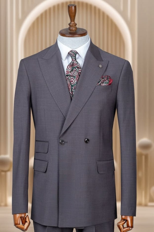 Bespoke Dark Gray Double Breasted Plaid Business Men Suits