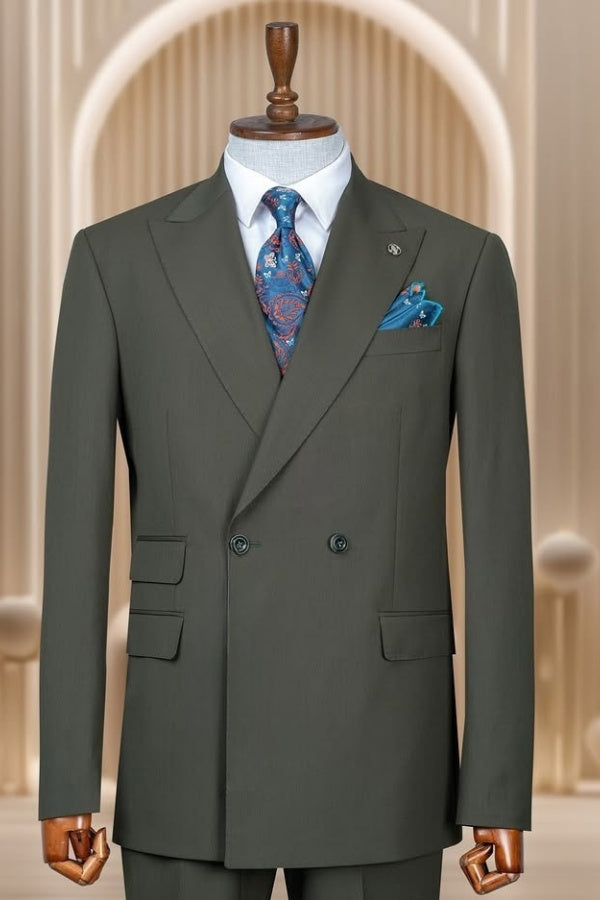 Glamorous Dark Green Double Breasted Peaked Lapel Business Suits