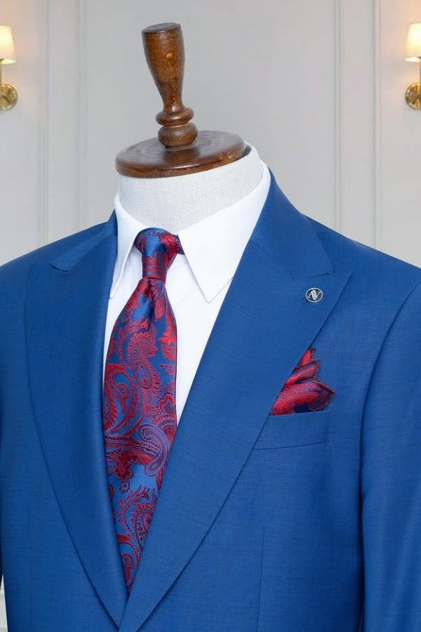 Fashion Royal Blue Peaked Lapel Close Fitting Business Suits