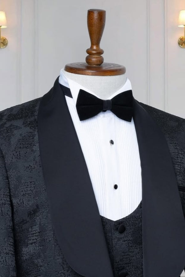 Modern Black Jacquard 3 Pieces Shawl Lapel Wedding Suits With Waistcoat