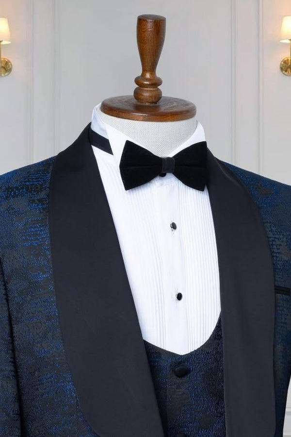 Fashion Navy Blue Jacquard 3 Pieces Shawl Lapel Wedding Suits