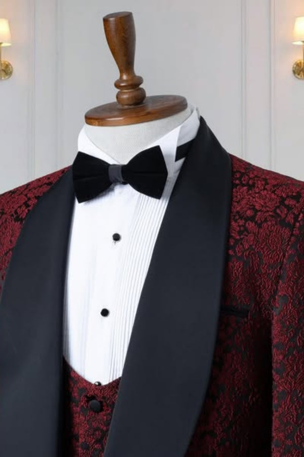 Stylish Burgundy Jacquard 3 Pieces Slim Fit Wedding Suits