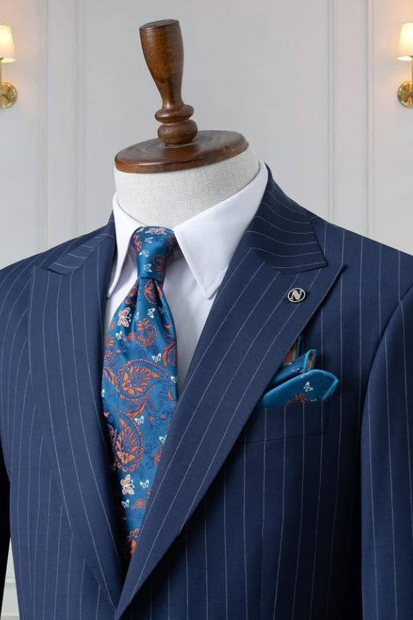 New Arrival Navy Blue Striped Close Fitting Business Suits For Men