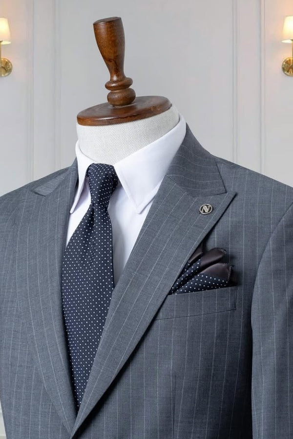 Trendy Dark Gray Striped Classic Business Suits For Men