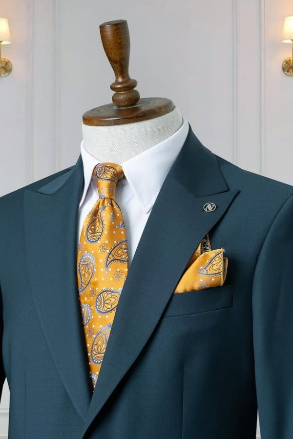 Glamorous Teal Peaked Lapel Simple Business Suits For Men