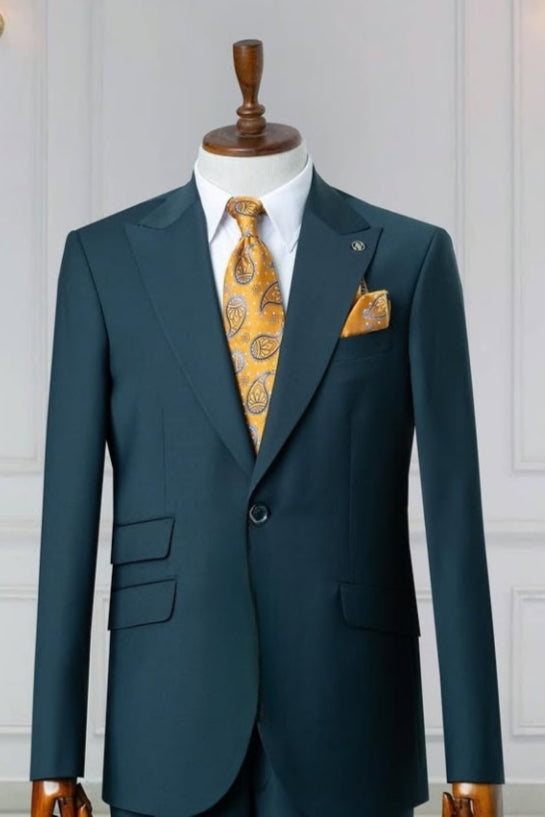 Glamorous Teal Peaked Lapel Simple Business Suits For Men