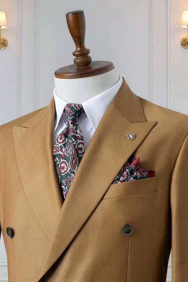 Stylish Khaki Double Breasted Slim Fit Business Suits For Men