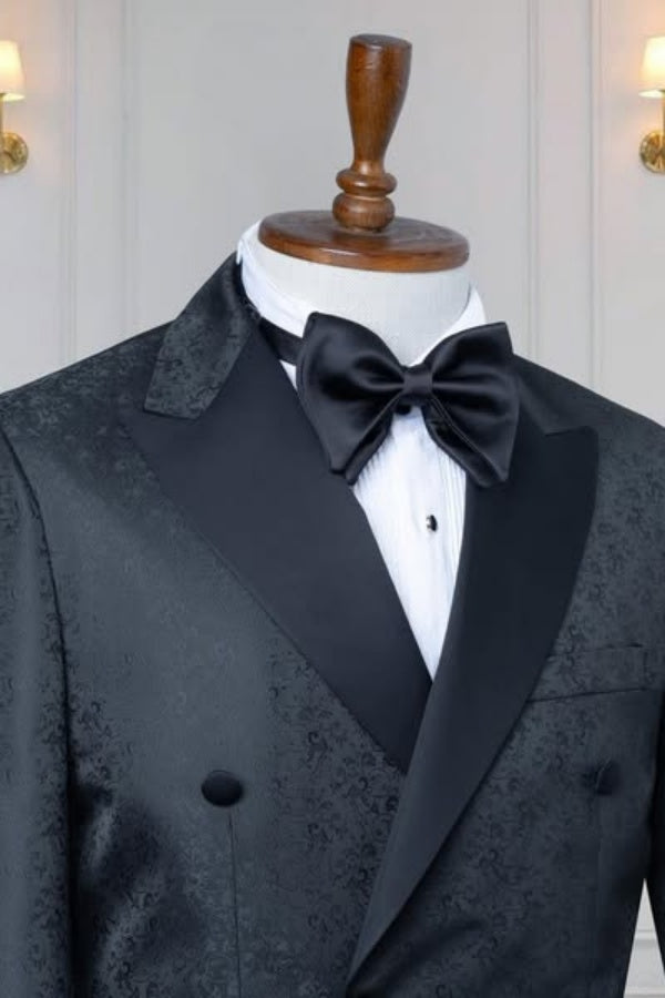 Close Fitting Black Double Breasted Jacquard Prom Suits