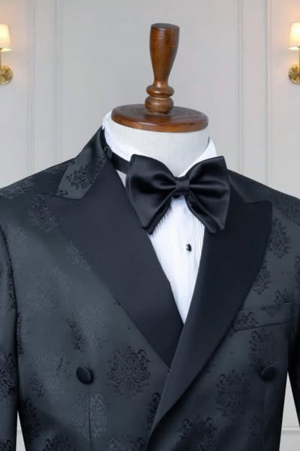 Trendy Black Double Breasted Jacquard Slim Fit Prom Suits For Men