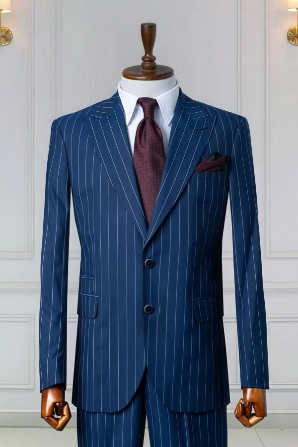Glamorous Navy Blue Pinstriped Slim Fit Business Men Suits