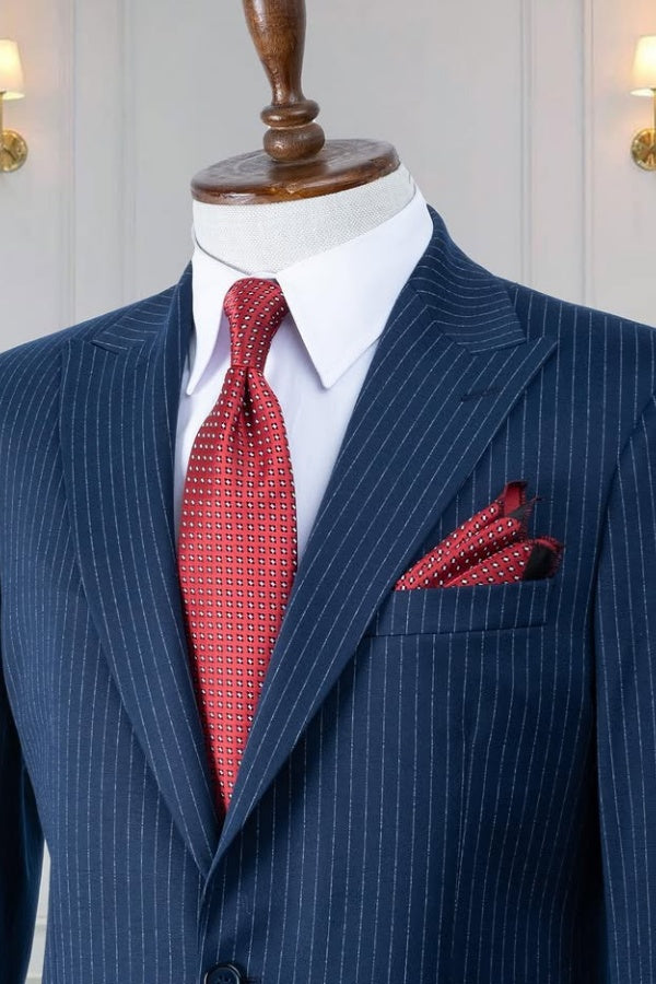 Big And Tall Navy Blue Pinstriped Peaked Lapel Business Suits
