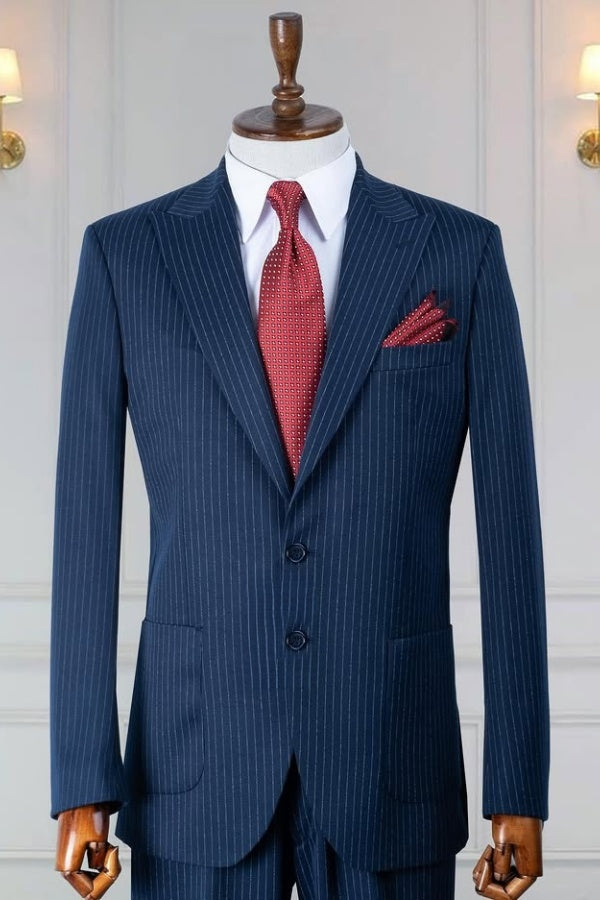Big And Tall Navy Blue Pinstriped Peaked Lapel Business Suits