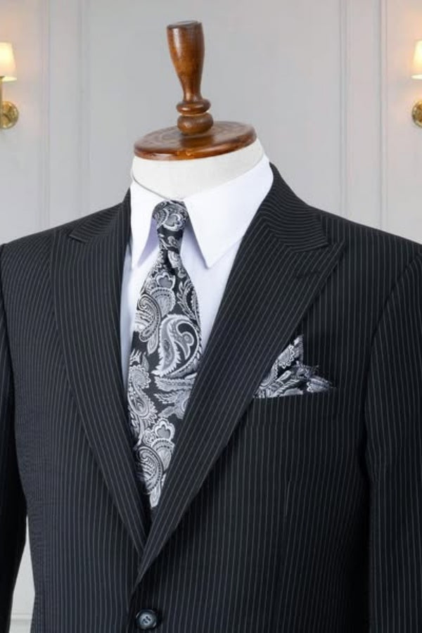 Formal Classic Black Pinstriped Peaked Lapel Business Suits
