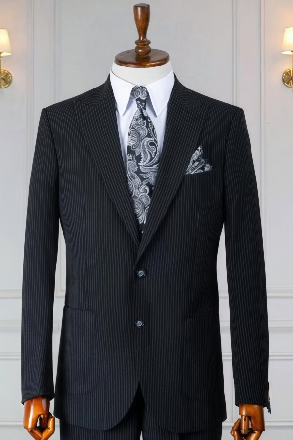 Formal Classic Black Pinstriped Peaked Lapel Business Suits