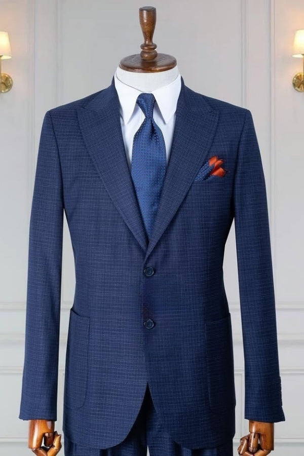 Simple Navy Blue Peaked Lapel Fancy Business Suits