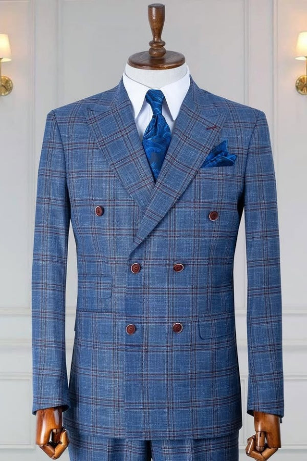 Fashionable Denim Blue Plaid Double Breasted Business Men Suits