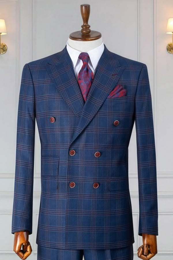 Stylish Navy Blue Plaid Double Breasted Business Suits