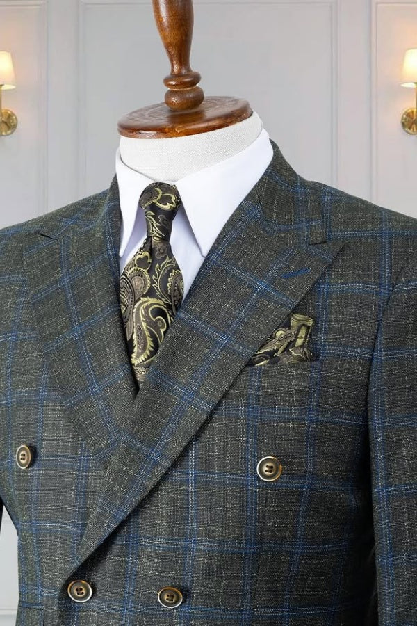 Classic Teal Plaid Double Breasted Business Suits For Men