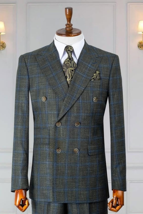 Classic Teal Plaid Double Breasted Business Suits For Men