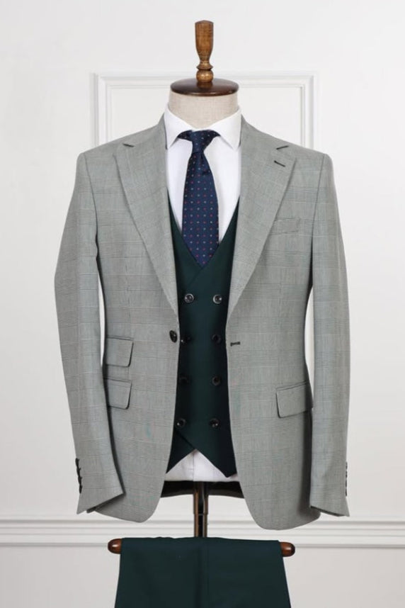 Glamorous Light Gray Plaid Notch Lapel 3 Pieces Business Suits With Vest