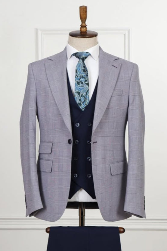 Trendy Light Gray 3 Pieces Plaid Business Suits With Waistcoat