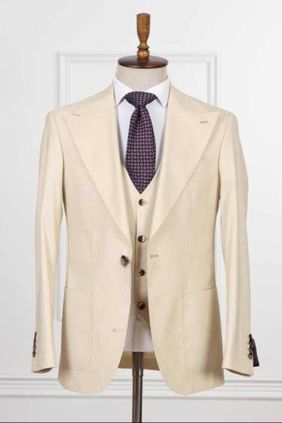Bespoke Beige 3 Pieces Peaked Lapel Business Men Suits