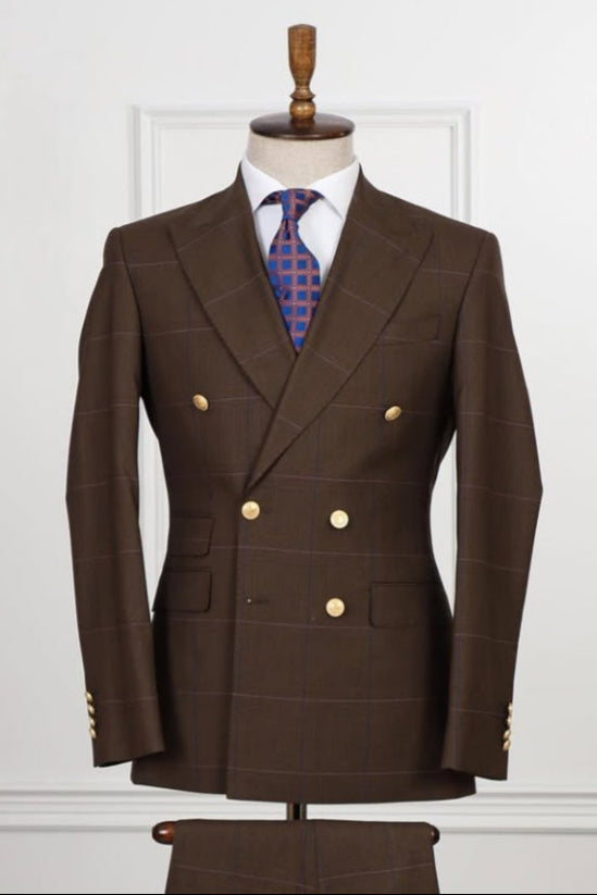 Stylish Chocolate Double Breasted Plaid Slim Fit Business Suits