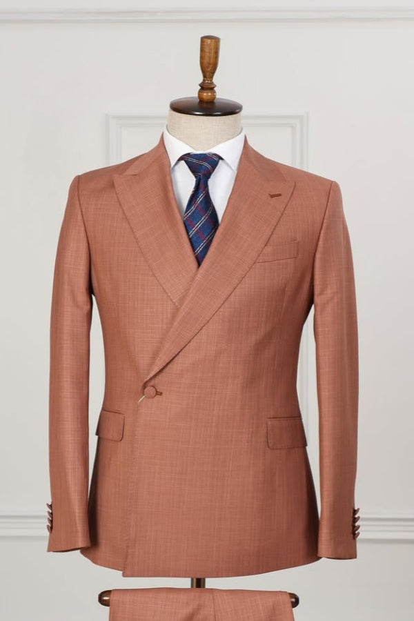 Trendy Dark Orange Peaked Lapel Business Suits For Men