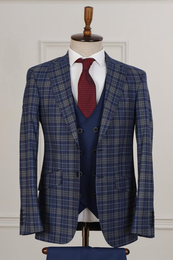 Chic Navy Blue Plaid 3 Pieces Notch Lapel Business Suits For Men