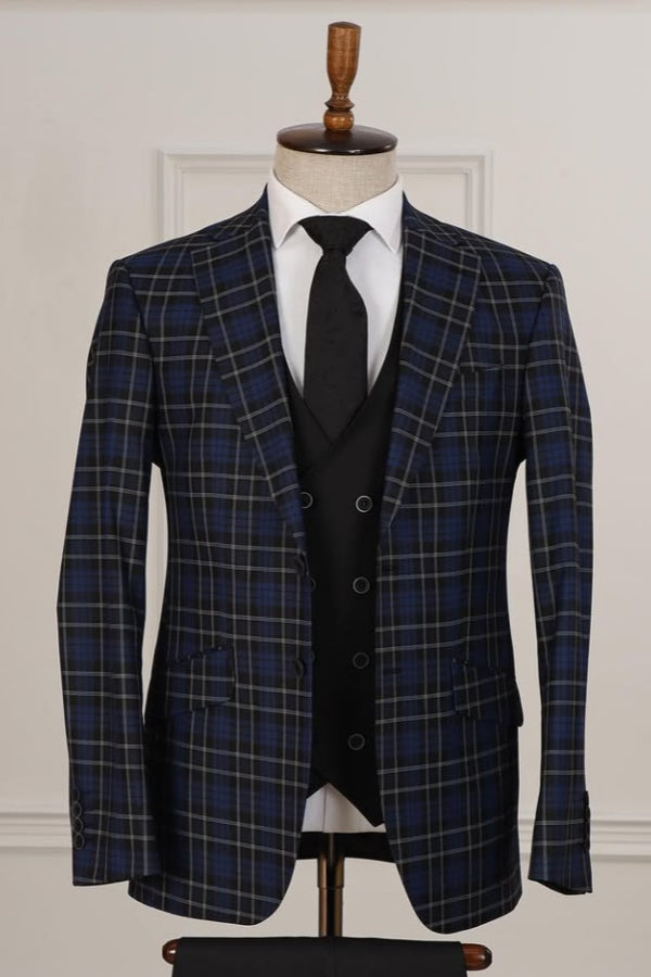 Newest Ink Blue Plaid 3 Pieces Business Suits For Men