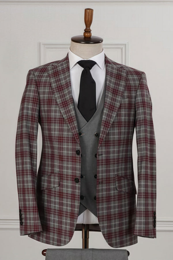 Fashion Red Plaid 3 Pieces Business Suits With Gray Waistcoat