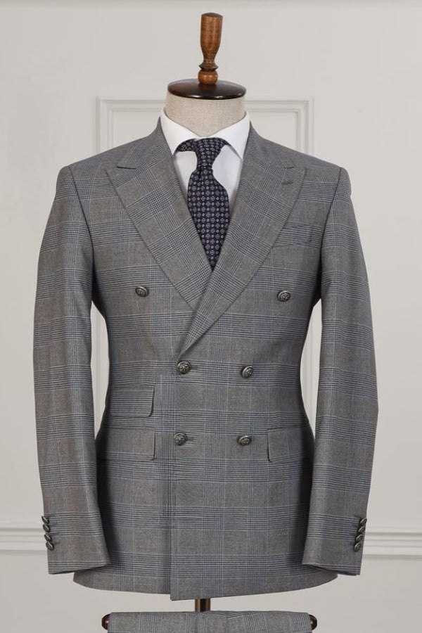 Fancy Gray Plaid Double Breasted Slim Fit Business Suits For Men