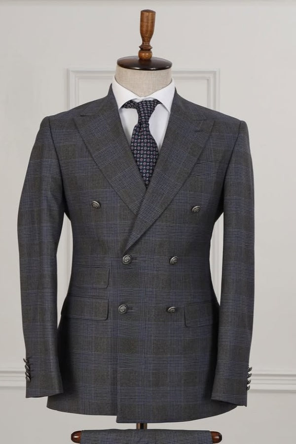 Modern Dark Gray Plaid Double Breasted Chic Business Suits