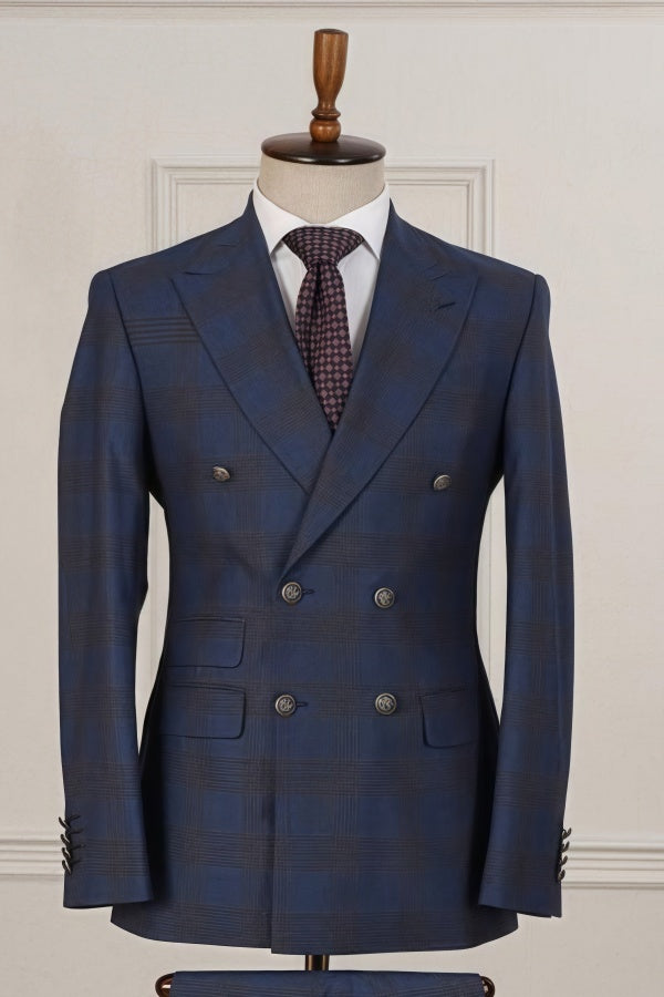 Trendy Navy Blue Plaid Double Breasted Bespoke Business Suits